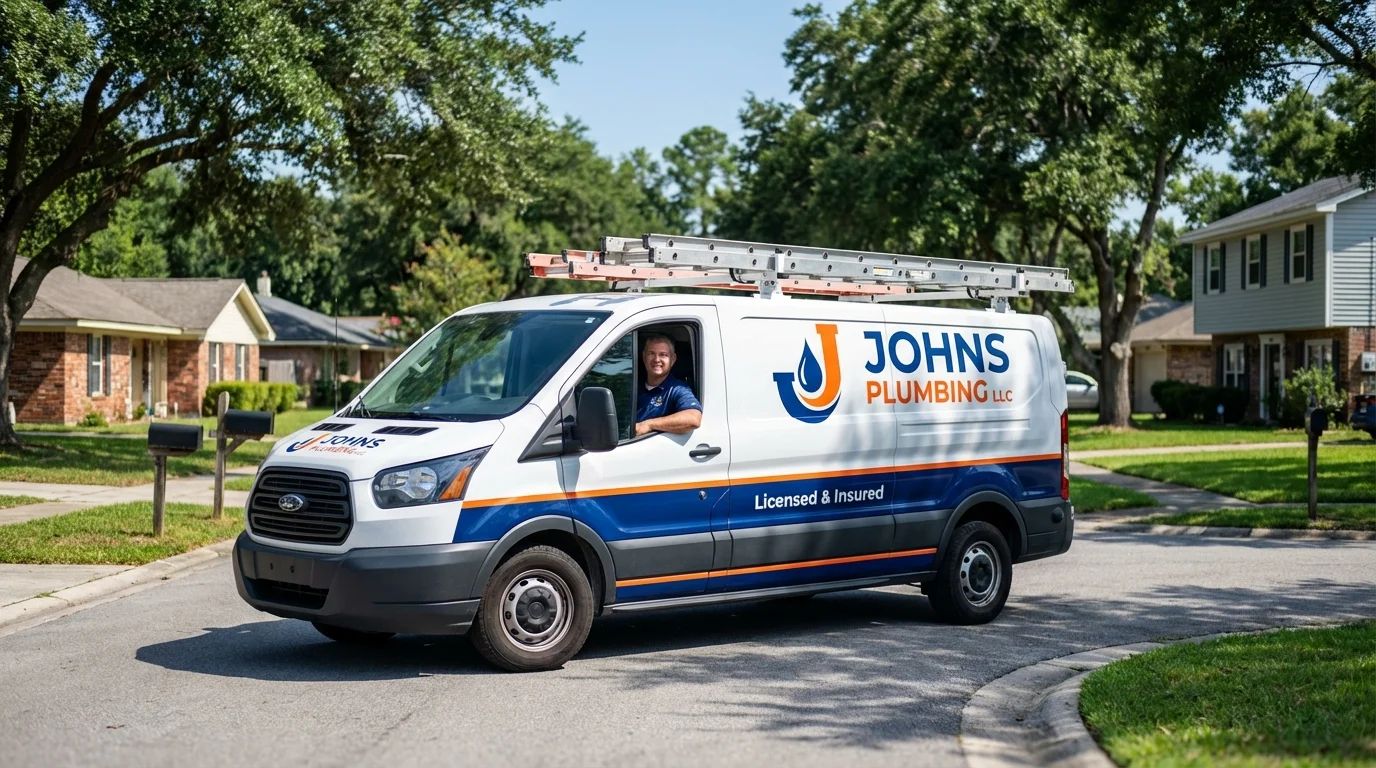 Johns Plumbing LLC service van in Dover, NH