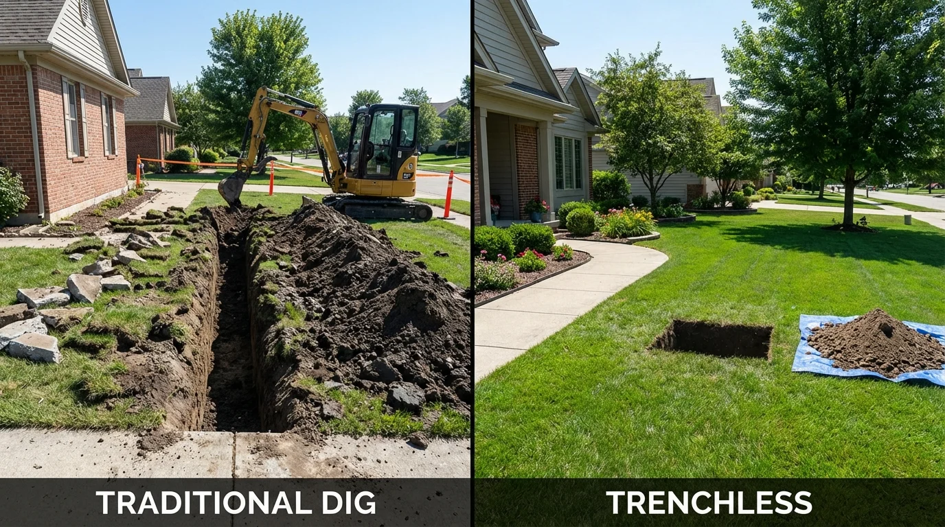 Trenchless sewer repair with minimal yard damage versus traditional excavation in Dover, NH