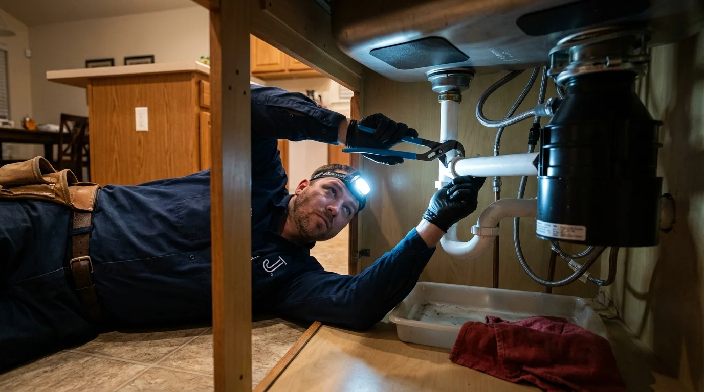 P-trap and supply line connections under a kitchen sink showing a common leak point in Dover, NH